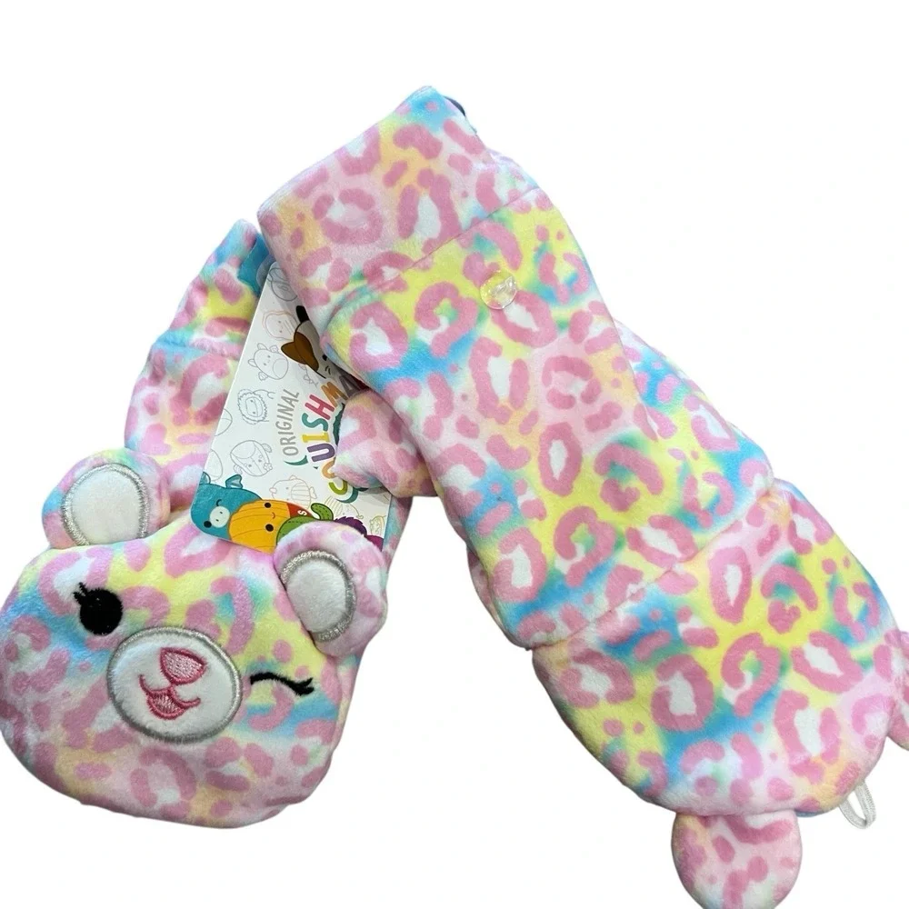 Squishmallows Michaela Hat Gloves Set‎ Ears Pom Pom Pink Leopard Winter Cap NWT